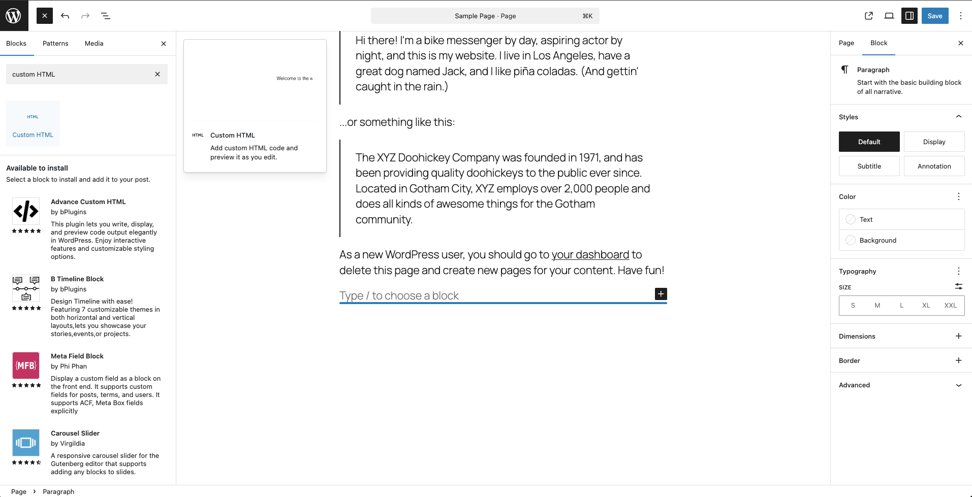 Add a custom HTML block